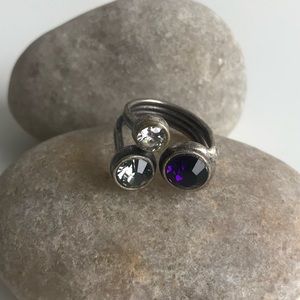 Silver Adjustable Ring w Clear and Purple Stones